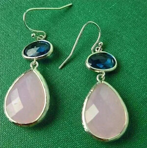 Pink rose quartz blue glass stones Silver tone earrings
